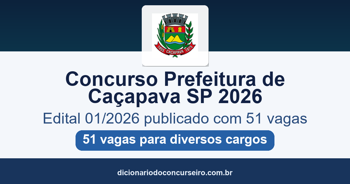 Concurso Prefeitura de Caçapava-SP 2026: edital 01/2026 publicado com 51 vagas para diversos cargos