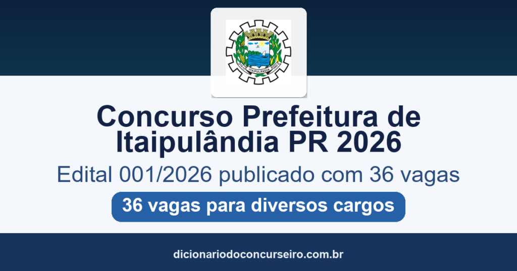 Concurso Prefeitura de Itaipulândia-PR 2026: edital 001/2026 publicado com 36 vagas para diversos cargos