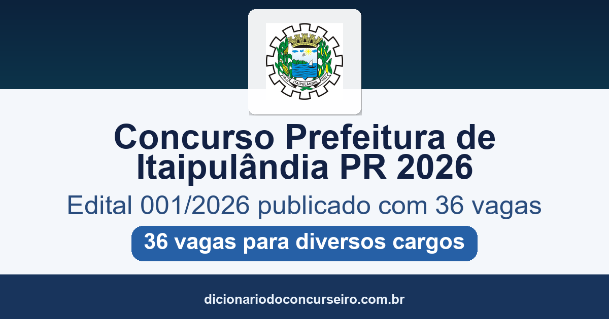 Concurso Prefeitura de Itaipulândia-PR 2026: edital 001/2026 publicado com 36 vagas para diversos cargos