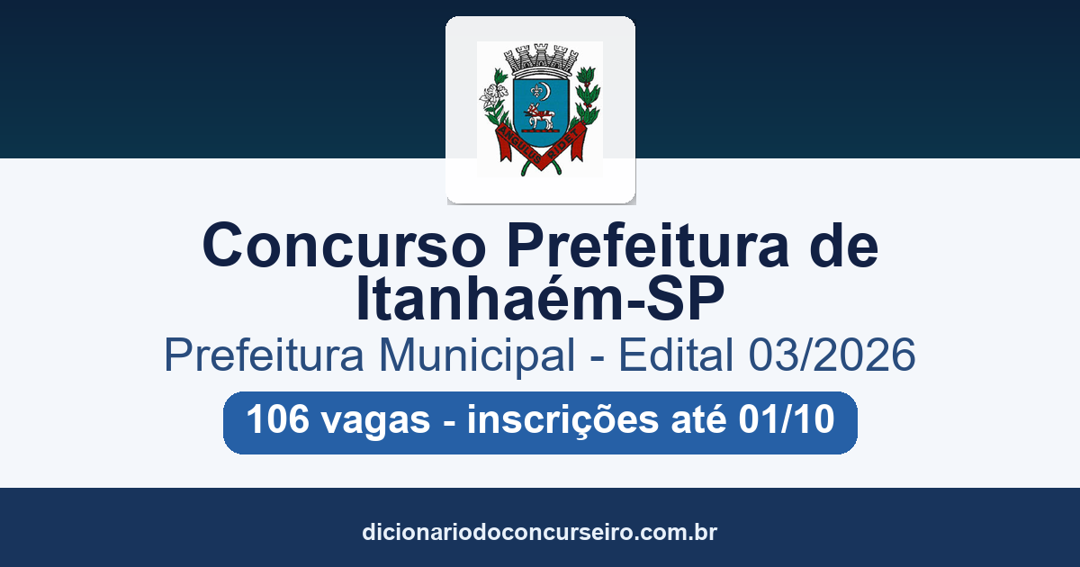 Concurso Prefeitura de Itanhaém-SP 2026: edital 03/2026 publicado com 106 vagas para 21 cargos da Educação