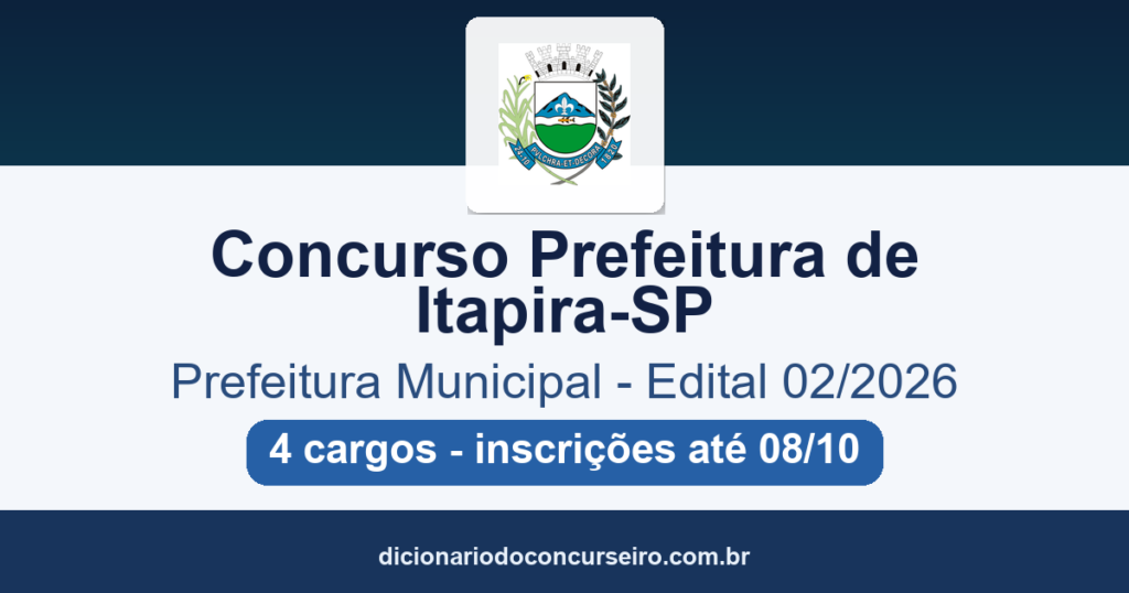 Concurso Prefeitura de Itapira-SP 2026: edital 02/2026 publicado com 4 cargos de Professor