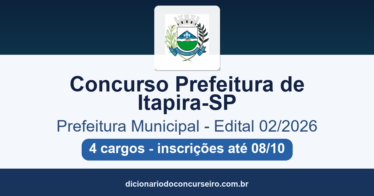 Concurso Prefeitura de Itapira-SP 2026: edital 02/2026 publicado com 4 cargos de Professor