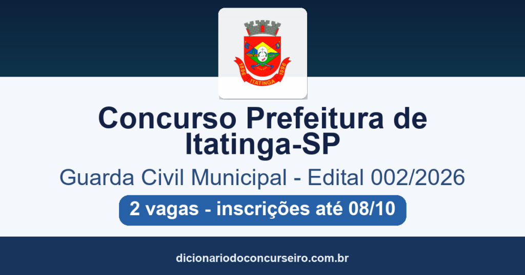 Concurso Prefeitura de Itatinga-SP 2026: edital 002/2026 publicado com 2 vagas para Guarda Civil Municipal