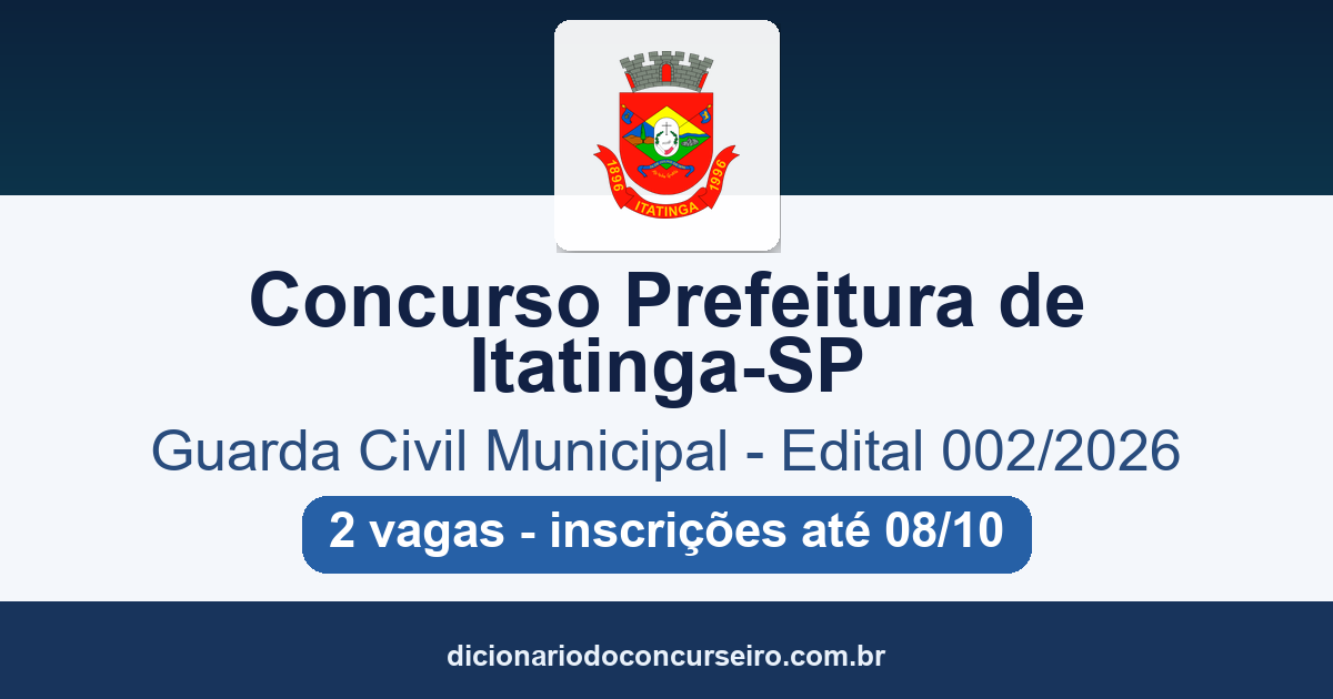 Concurso Prefeitura de Itatinga-SP 2026: edital 002/2026 publicado com 2 vagas para Guarda Civil Municipal