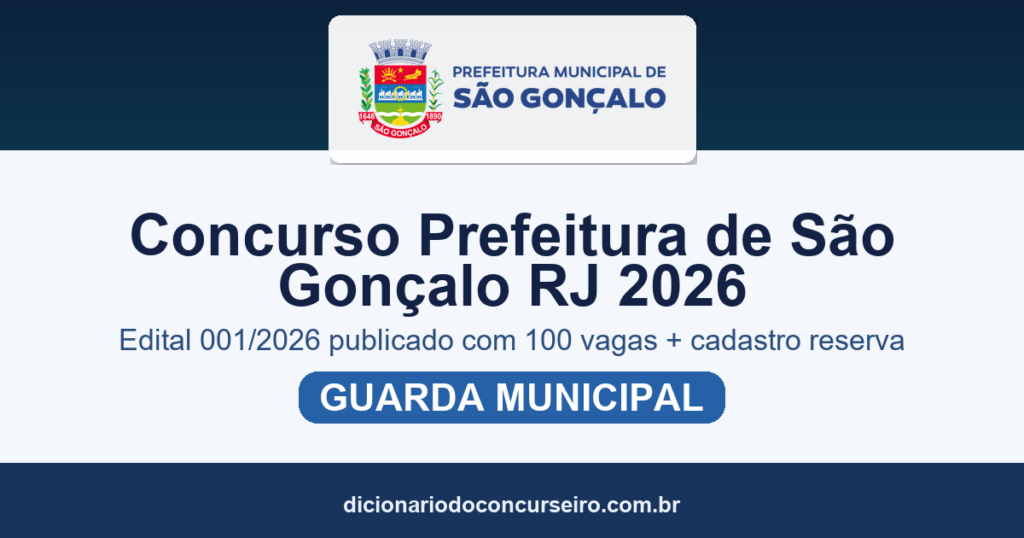 Concurso Prefeitura de São Gonçalo RJ 2026: edital 001/2026 publicado com 100 vagas e cadastro reserva para Guarda Municipal