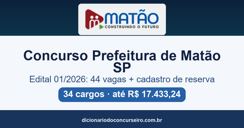 Concurso Prefeitura Municipal de Matão SP 2026: edital 01/2026 oferece 44 vagas e cadastro de reserva
