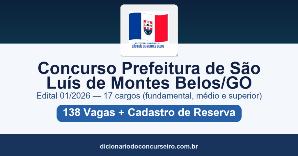 Concurso Prefeitura de São Luís de Montes Belos GO 2026: edital 01/2026 com 138 vagas e salário de até R$ 5.559,33