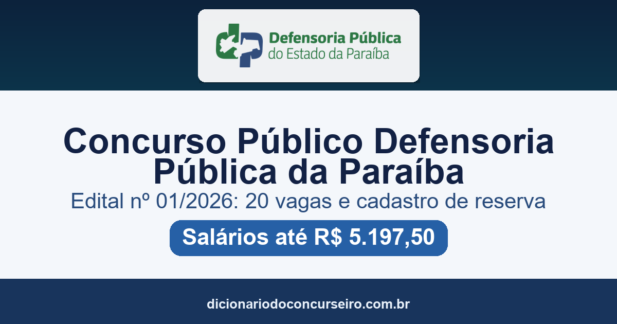 Concurso Público Defensoria Pública da Paraíba 2026: 20 vagas e salários de até R$ 5.197,50