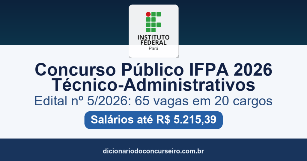 Concurso Público IFPA 2026: 65 vagas para técnico-administrativos e salários de até R$ 5.215,39