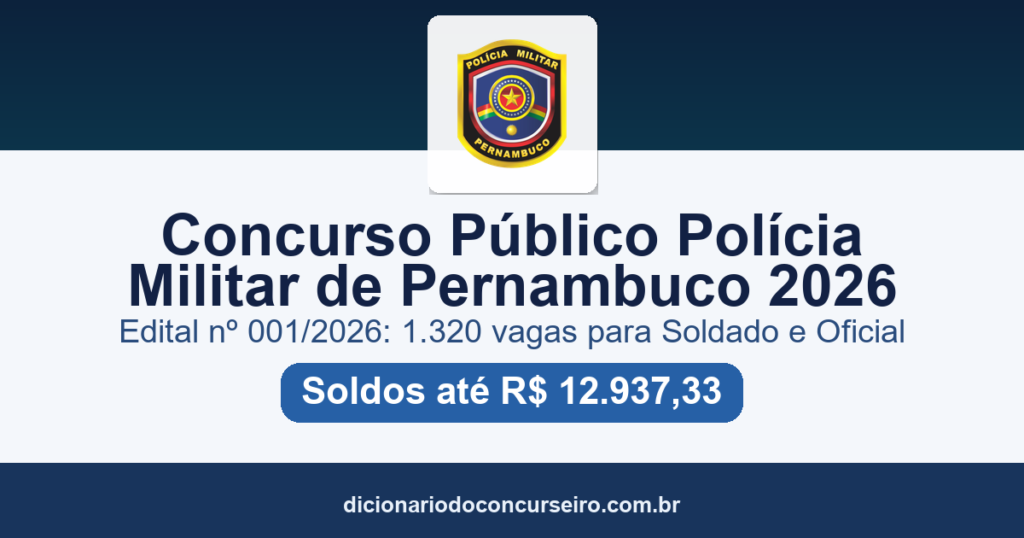 Concurso PMPE 2026: edital publicado com 1.320 vagas para Soldado e Oficial e salários de até R$ 12.937,33