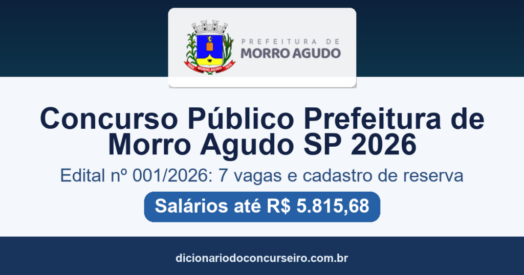 Concurso Público Prefeitura de Morro Agudo SP 2026: 7 vagas e salários de até R$ 5.815,68