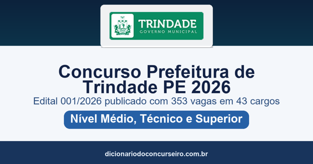 Concurso Prefeitura de Trindade-PE 2026: edital 001/2026 publicado com 353 vagas em 43 cargos