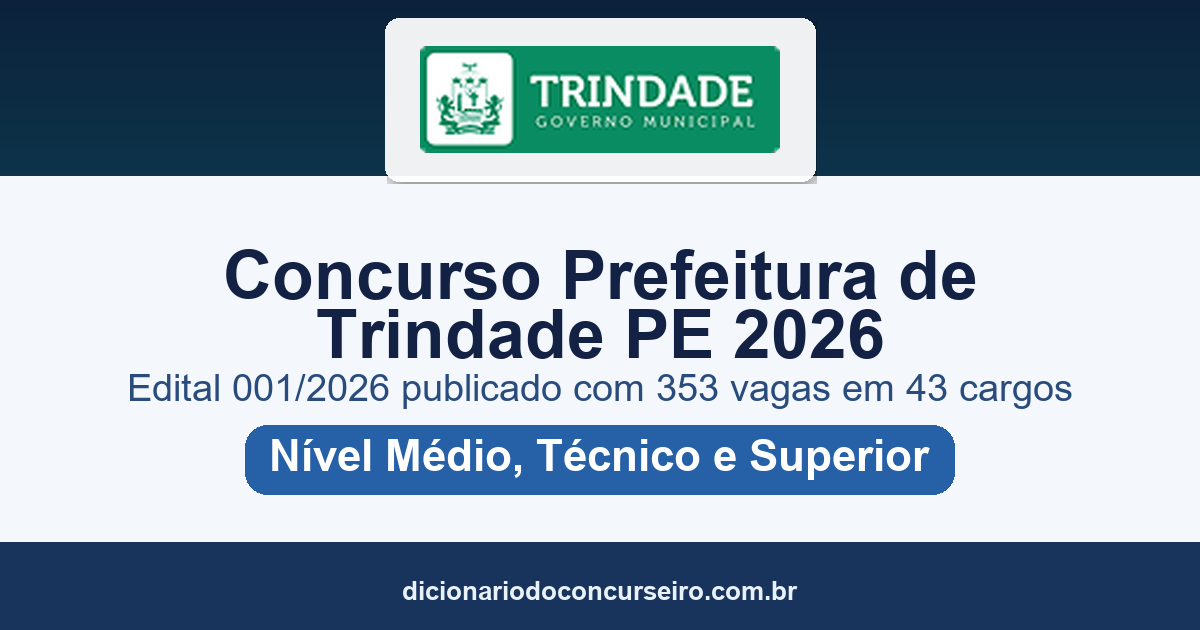 Concurso Prefeitura de Trindade-PE 2026: edital 001/2026 publicado com 353 vagas em 43 cargos