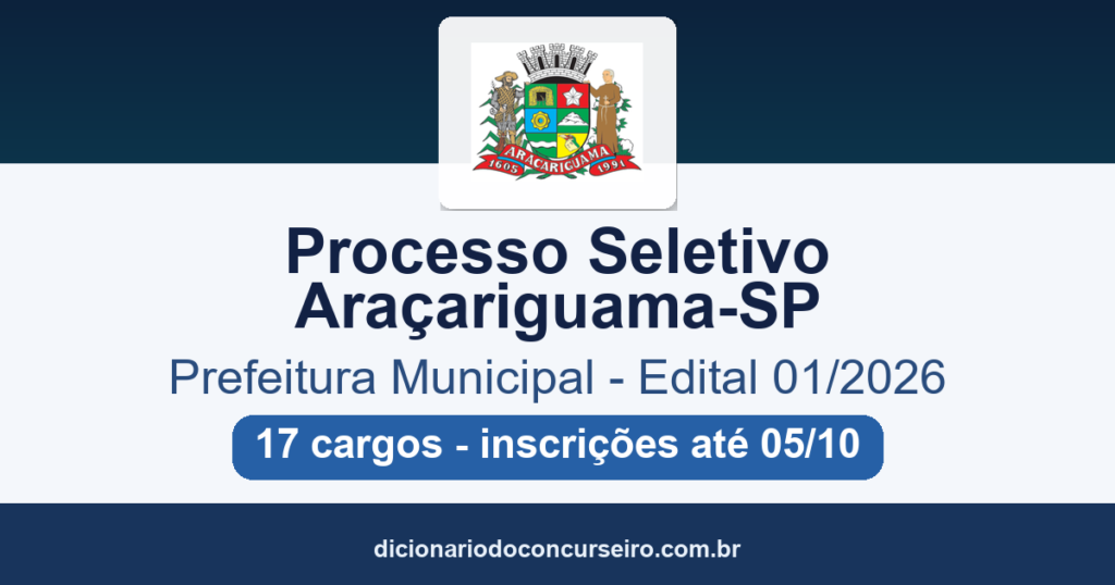 Processo Seletivo Prefeitura de Araçariguama-SP 2026: edital 01/2026 publicado com 17 cargos de Magistério