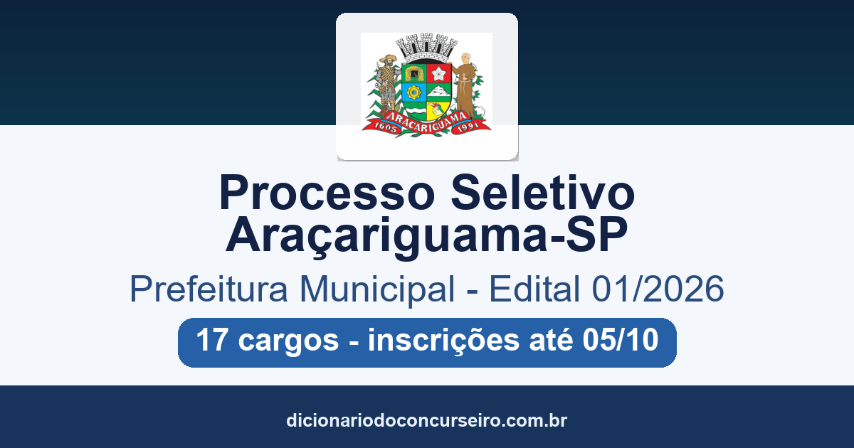 Processo Seletivo Prefeitura de Araçariguama-SP 2026: edital 01/2026 publicado com 17 cargos de Magistério