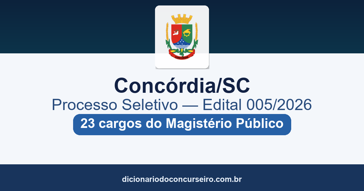 Processo Seletivo Concórdia-SC 2026: edital 005/2026 tem 23 cargos do Magistério Municipal