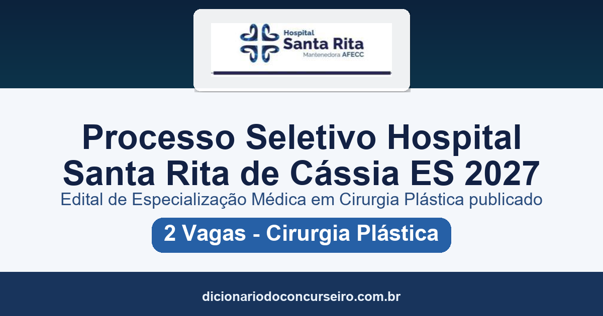 Processo Seletivo Hospital Santa Rita de Cássia-ES 2027: edital de Especialização Médica em Cirurgia Plástica publicado com 2 vagas