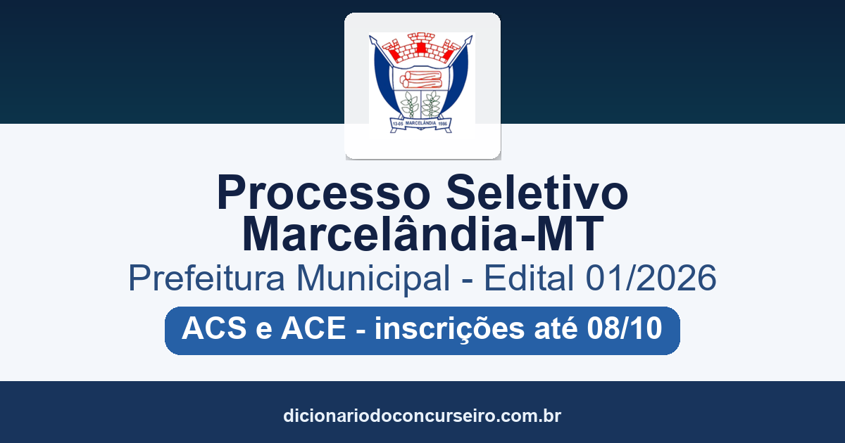 Processo Seletivo Prefeitura de Marcelândia-MT 2026: edital 01/2026 publicado com 3 vagas para ACS e ACE