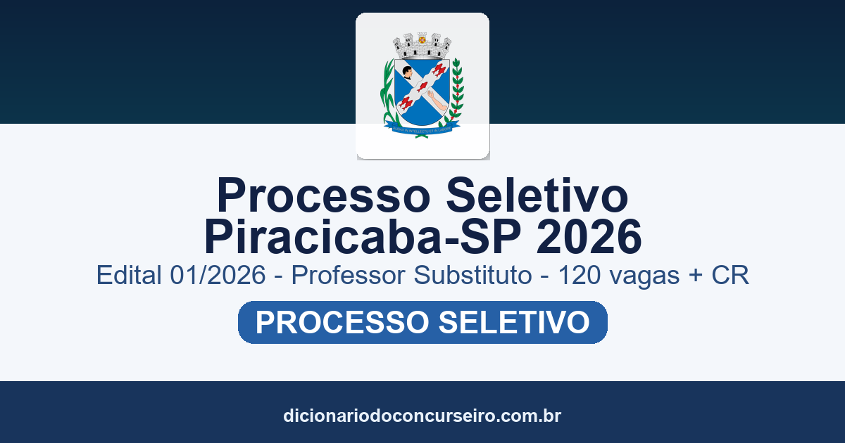 Processo Seletivo Prefeitura de Piracicaba-SP 2026: edital 01/2026 publicado para Professor Substituto