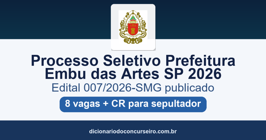 Processo Seletivo Prefeitura de Embu das Artes-SP 2026: edital 007/2026-SMG publicado com 8 vagas para Sepultador