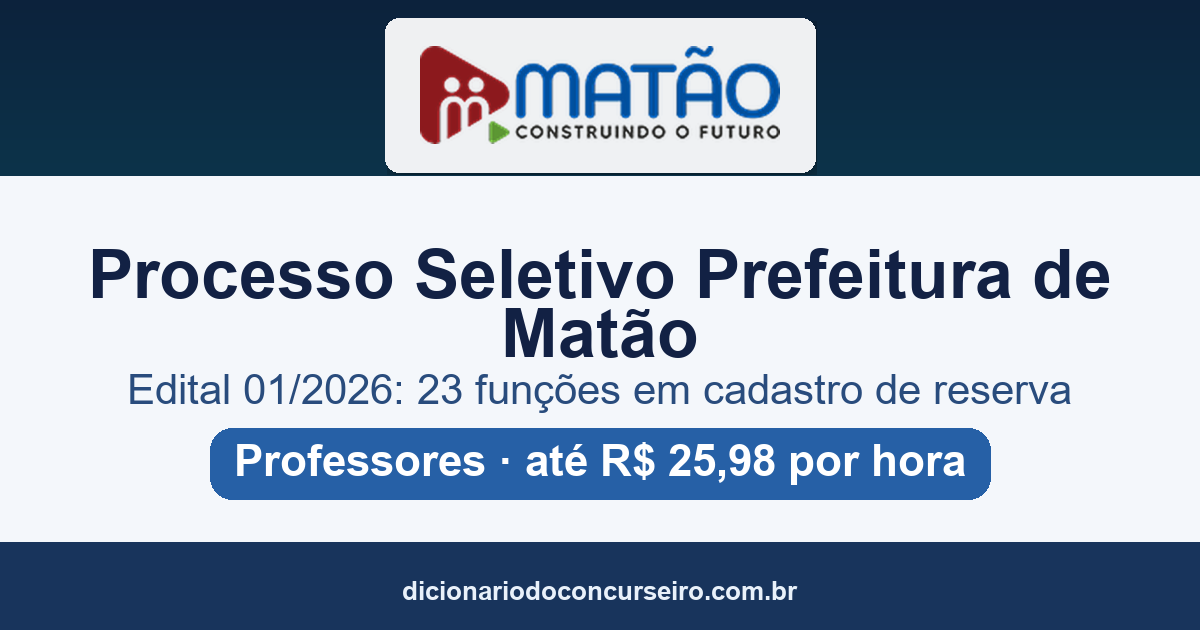 Processo Seletivo Prefeitura de Matão SP 2026: cadastro de reserva para 23 funções docentes