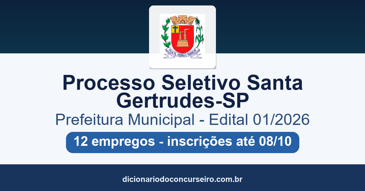 Processo Seletivo Prefeitura de Santa Gertrudes-SP 2026: edital 01/2026 publicado com 12 empregos