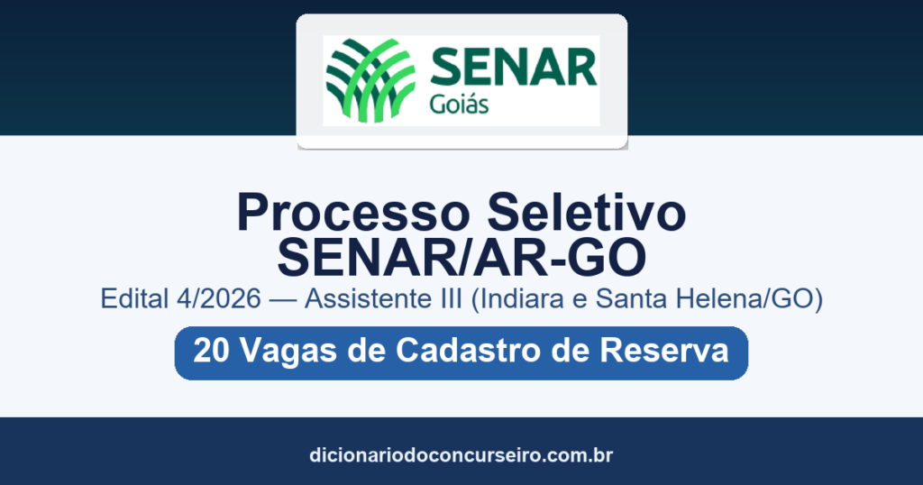 Processo Seletivo SENAR/AR-GO 2026: edital 4 para Assistente III com 20 vagas de cadastro de reserva