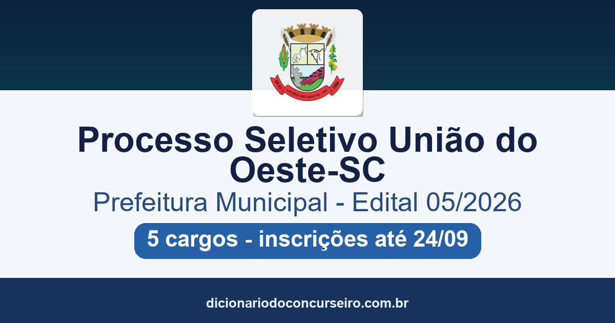 Processo Seletivo Prefeitura de União do Oeste-SC 2026: edital 05/2026 publicado com 5 cargos de Professor