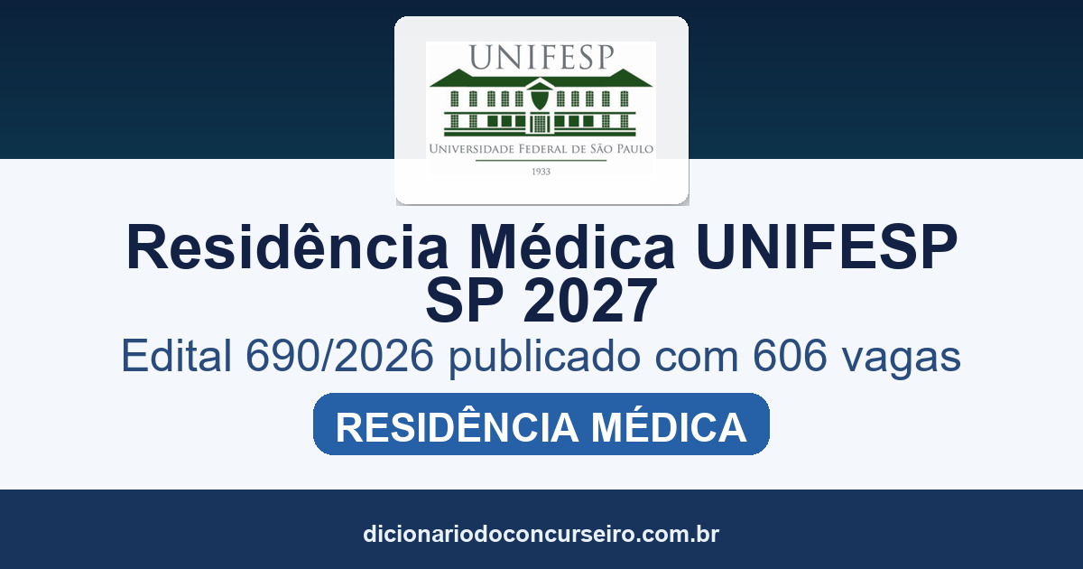 Processo Seletivo UNIFESP SP 2027: edital 690/2026 publicado com 606 vagas para Residência Médica