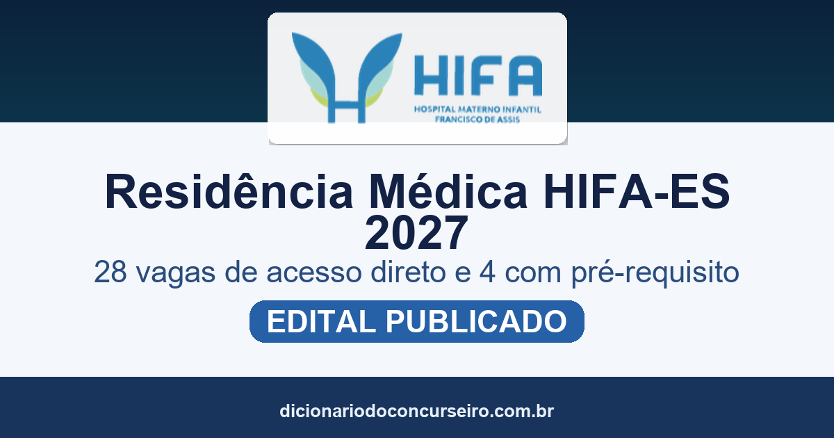 Residência Médica HIFA-ES 2027: edital publicado com 28 vagas de acesso direto e 4 com pré-requisito