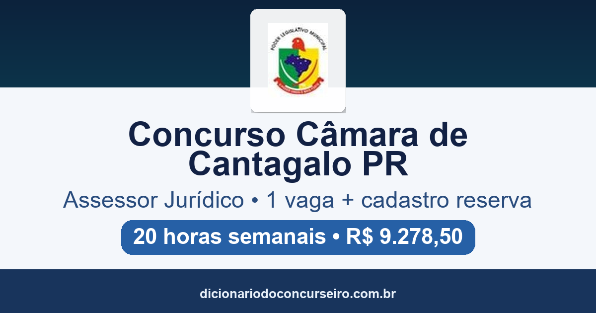 Concurso Câmara de Cantagalo PR 2026: edital 001/2026 publicado para Assessor Jurídico