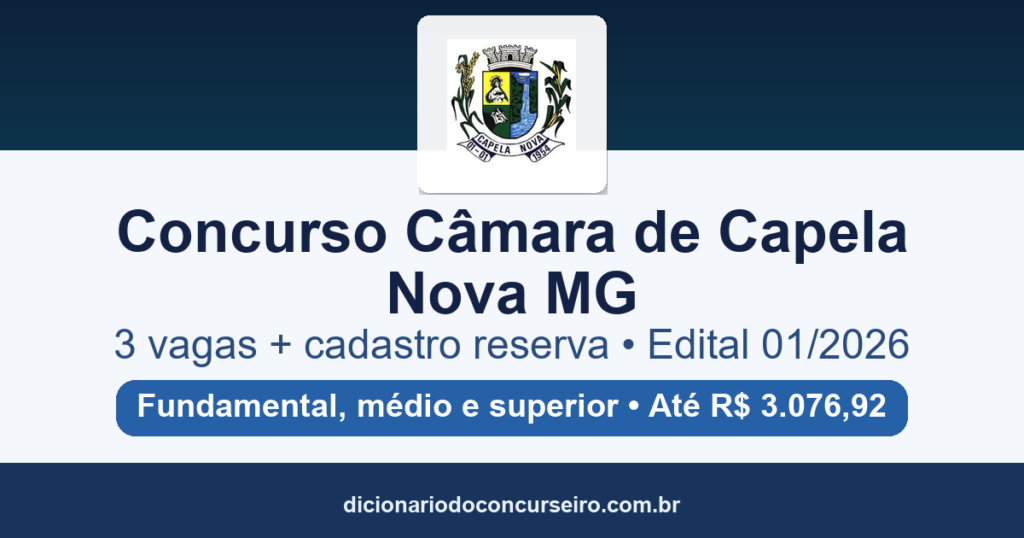 Concurso Câmara de Capela Nova MG 2026: edital 01/2026 publicado com 3 vagas