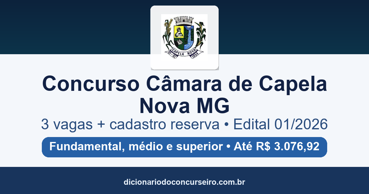 Concurso Câmara de Capela Nova MG 2026: edital 01/2026 publicado com 3 vagas