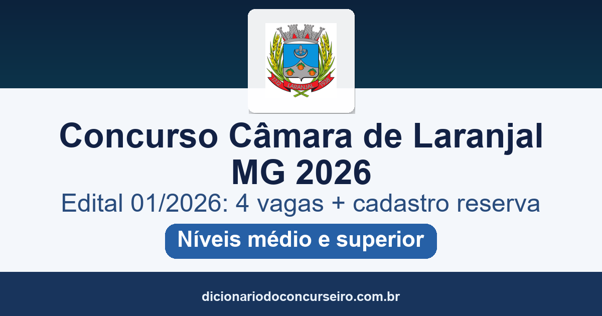 Concurso Câmara de Laranjal MG 2026: edital 01/2026 com 4 vagas e salários de até R$ 5.296,39