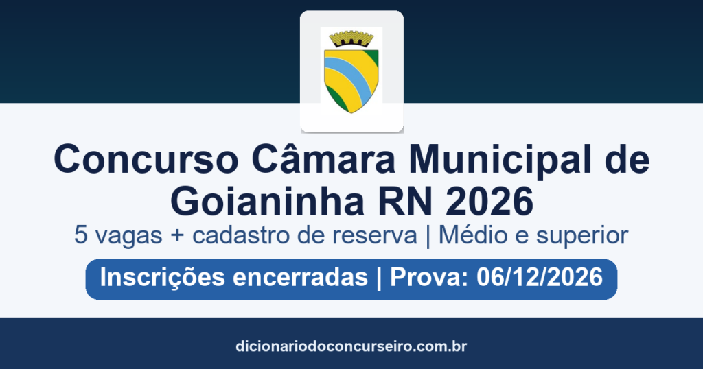 Concurso Câmara Municipal de Goianinha RN 2026: edital 01/2026 com 5 vagas e cadastro reserva