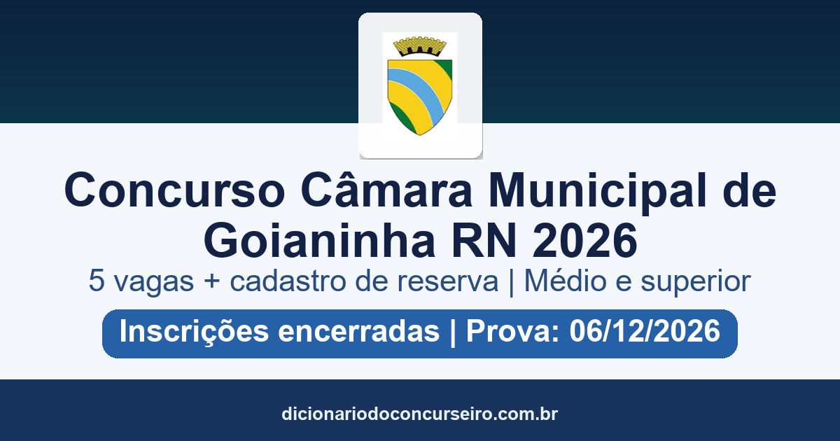 Concurso Câmara Municipal de Goianinha RN 2026: edital 01/2026 com 5 vagas e cadastro reserva