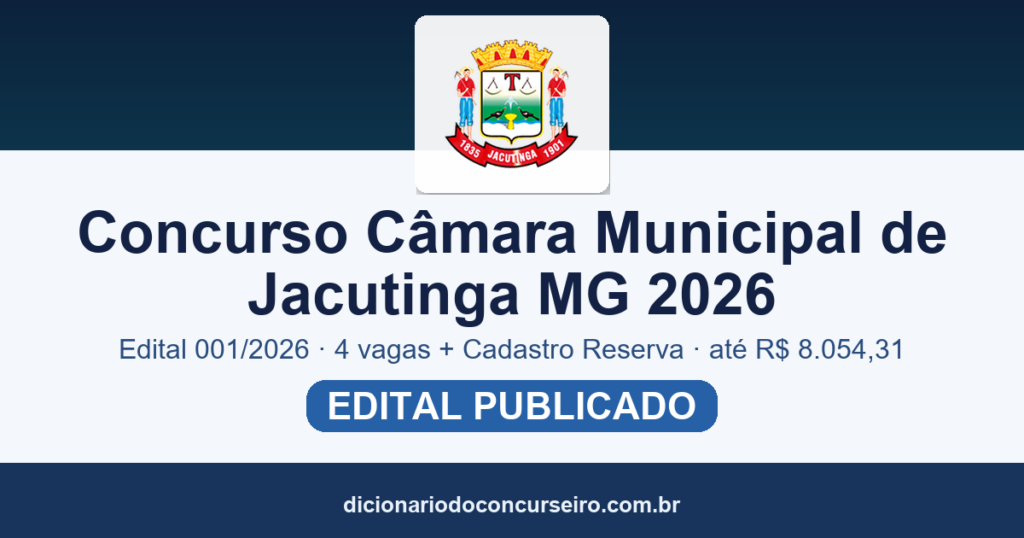 Concurso Câmara Municipal de Jacutinga MG 2026: edital 001/2026 com 4 vagas + Cadastro Reserva e salários de até R$ 8.054,31