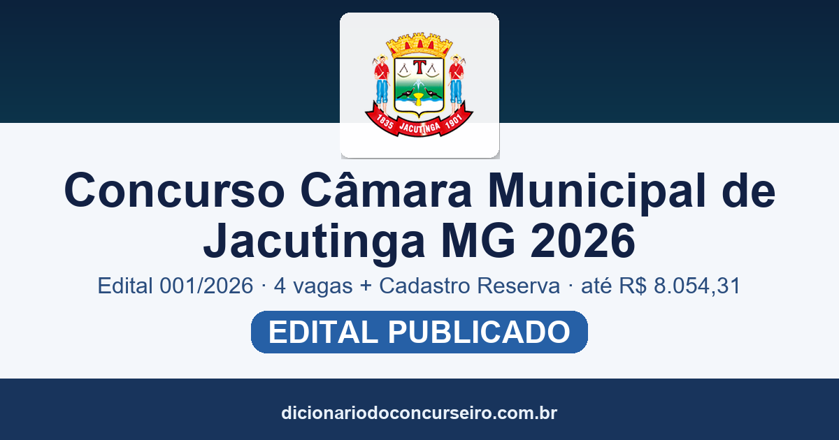 Concurso Câmara Municipal de Jacutinga MG 2026: edital 001/2026 com 4 vagas + Cadastro Reserva e salários de até R$ 8.054,31