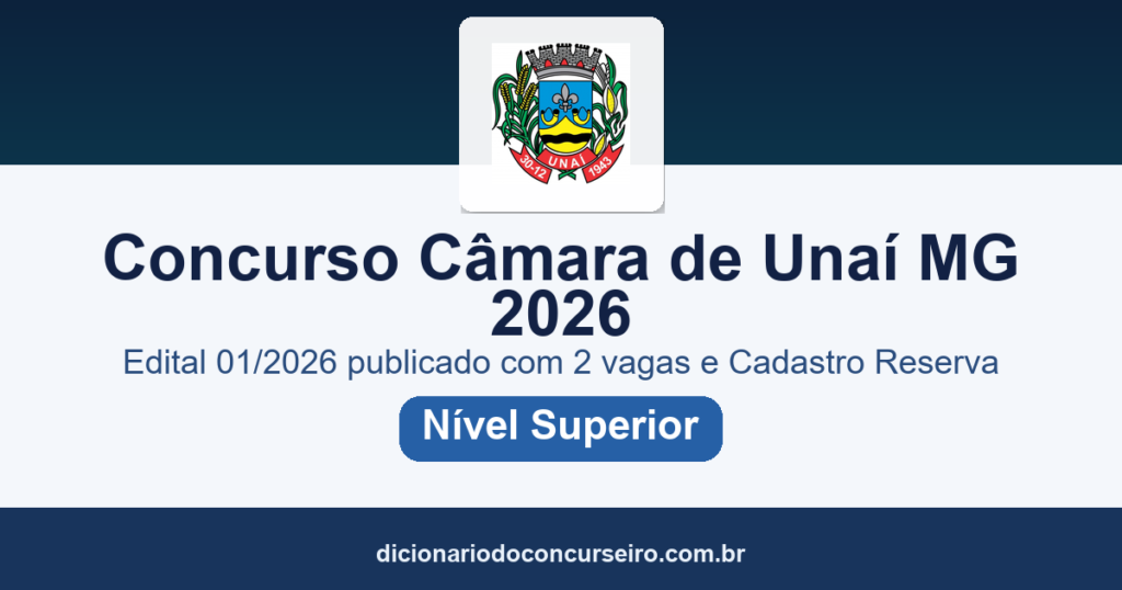 Concurso Câmara Municipal de Unaí MG 2026: edital 01/2026 com 2 vagas e Cadastro Reserva