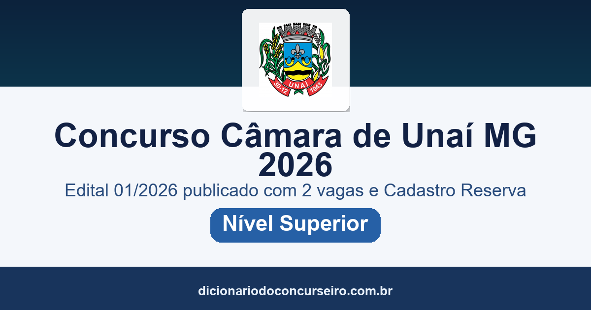 Concurso Câmara Municipal de Unaí MG 2026: edital 01/2026 com 2 vagas e Cadastro Reserva