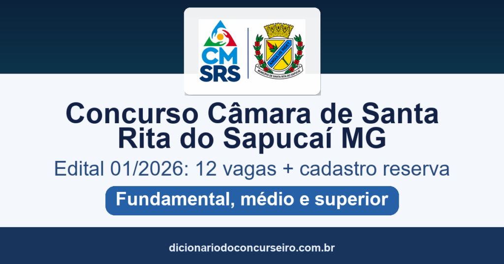 Concurso Câmara de Santa Rita do Sapucaí MG 2026: 12 vagas e cadastro reserva, com salários até R$ 4.842,55