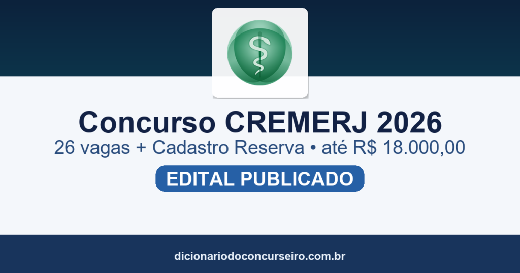 Concurso CREMERJ RJ 2026: edital 01/2026 com 26 vagas e salários de até R$ 18.000,00
