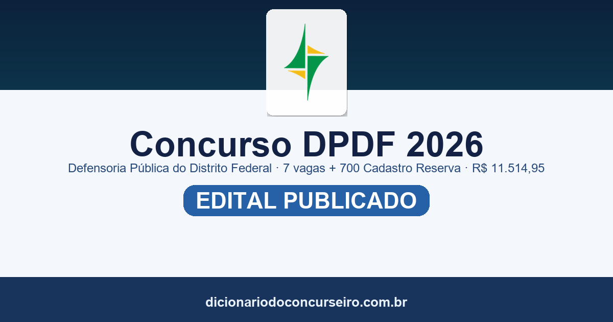 Concurso DPDF 2026: edital 01/2026 com 7 vagas + 700 em Cadastro Reserva e remuneração de R$ 11.514,95