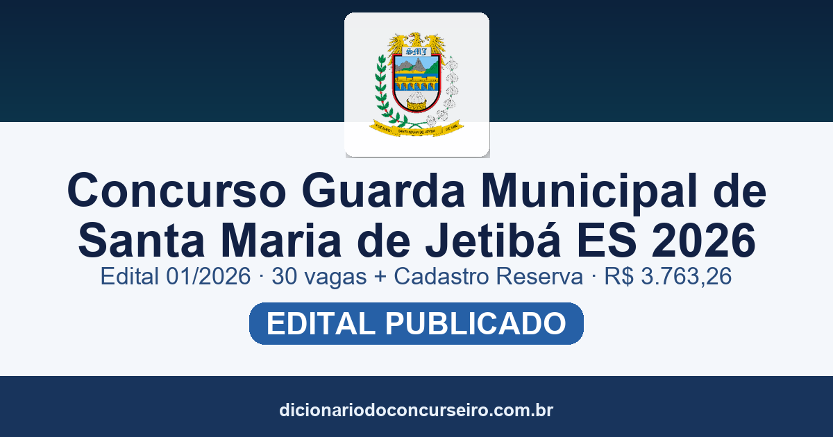 Concurso Guarda Municipal de Santa Maria de Jetibá ES 2026: edital 01/2026 com 30 vagas e salário de R$ 3.763,26