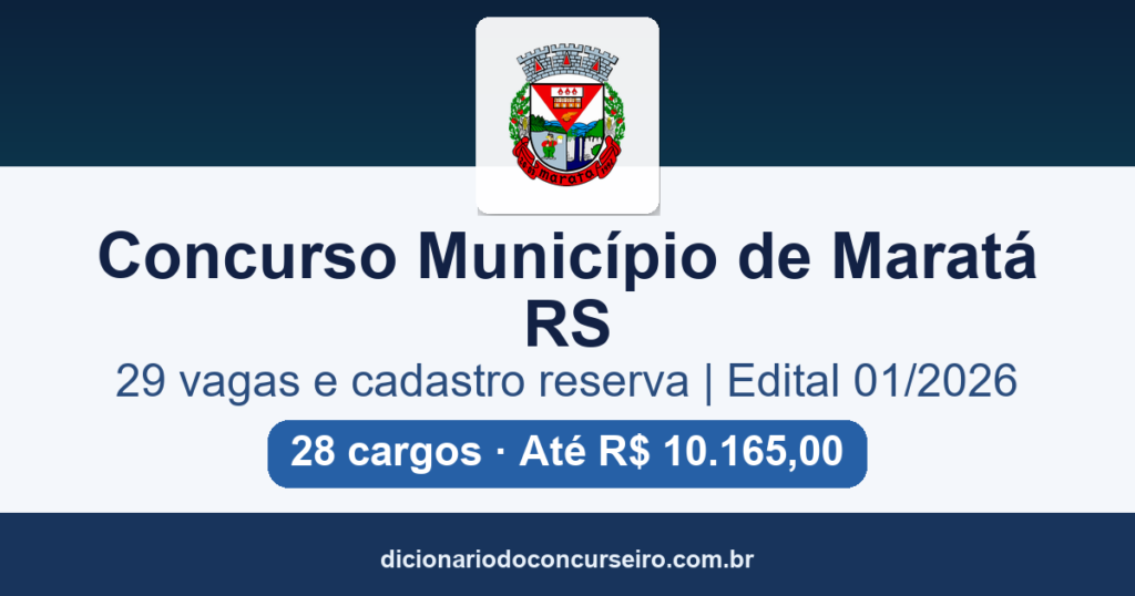 Concurso Município de Maratá-RS 2026: edital 01/2026 publicado com 29 vagas e cadastro reserva