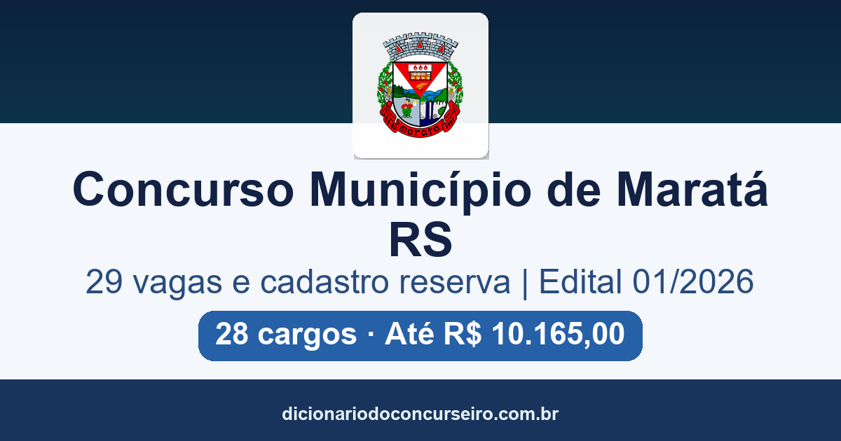 Concurso Município de Maratá-RS 2026: edital 01/2026 publicado com 29 vagas e cadastro reserva