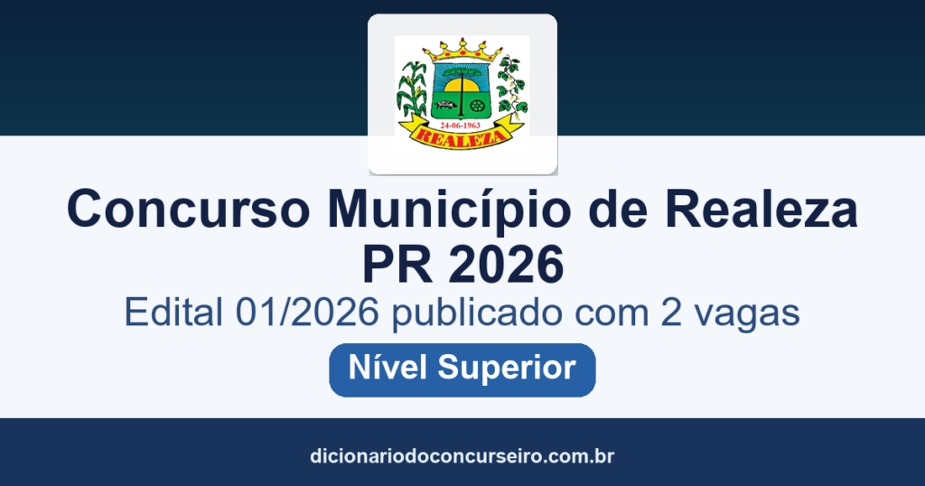 Concurso Município de Realeza PR 2026: edital 01/2026 publicado com 2 vagas