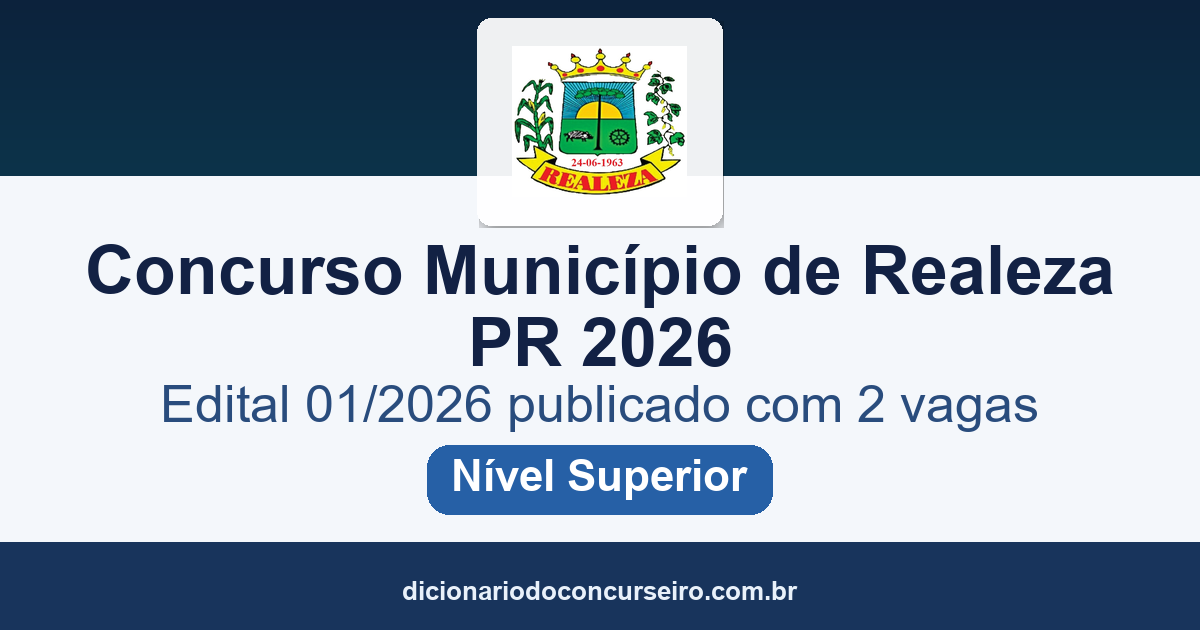 Concurso Município de Realeza PR 2026: edital 01/2026 publicado com 2 vagas