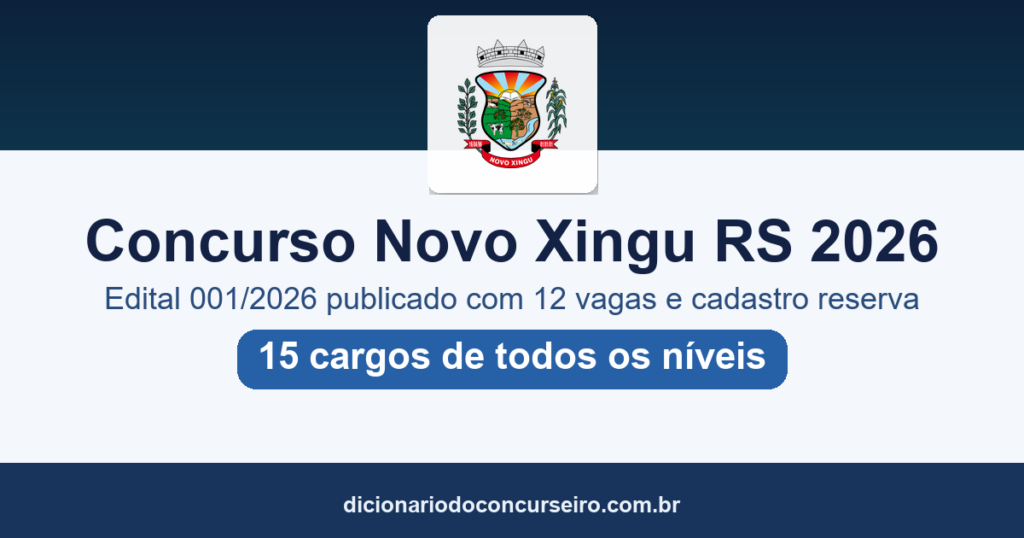 Concurso Novo Xingu RS 2026: edital 001/2026 publicado com 12 vagas e salário de até R$ 8.797,52