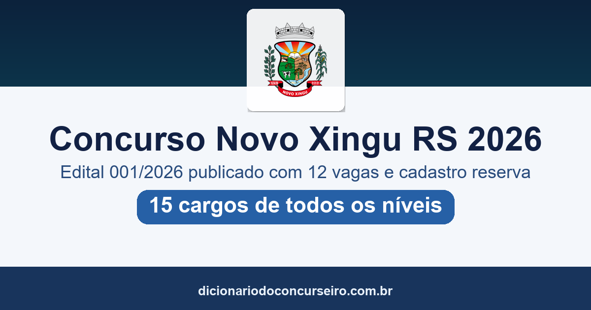 Concurso Novo Xingu RS 2026: edital 001/2026 publicado com 12 vagas e salário de até R$ 8.797,52